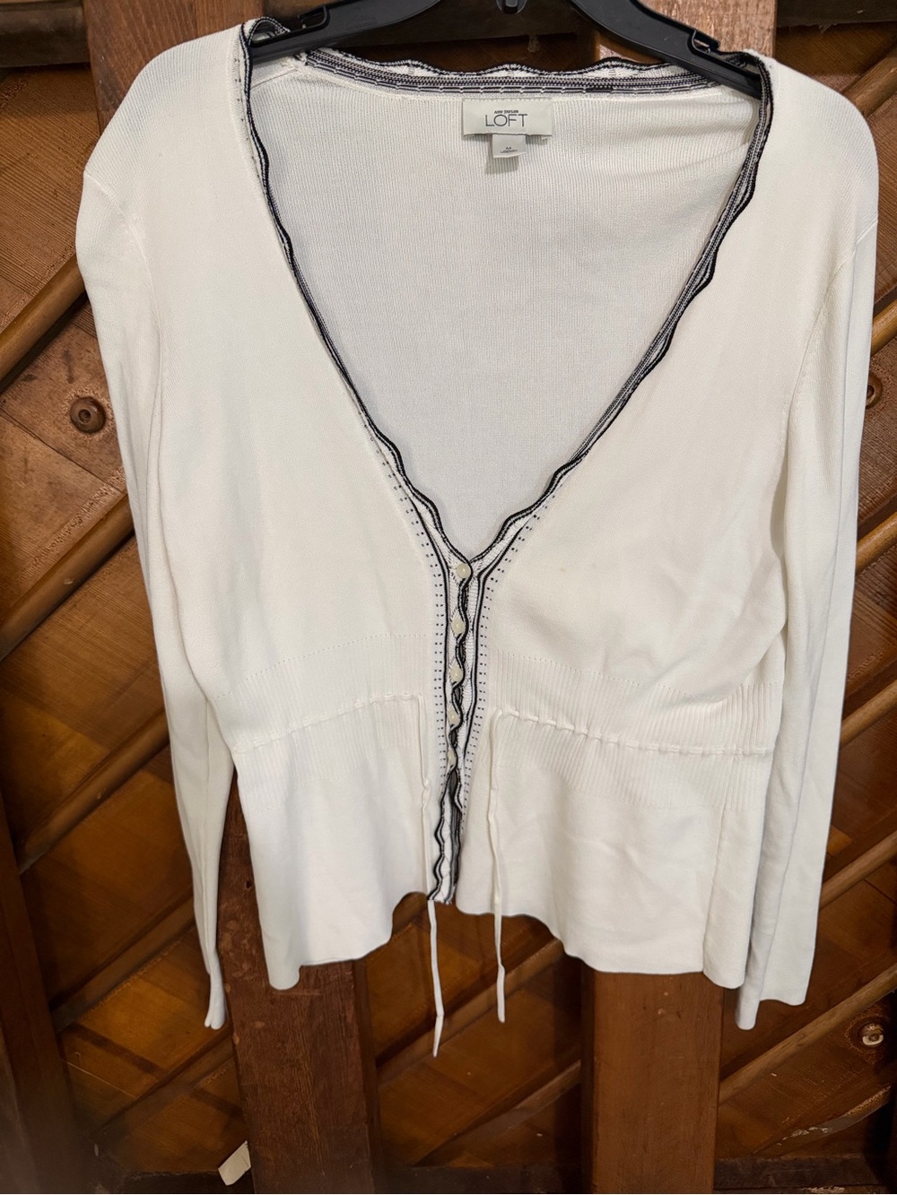 LOFT White V-Neck Cardigan with Black Contrast Trim